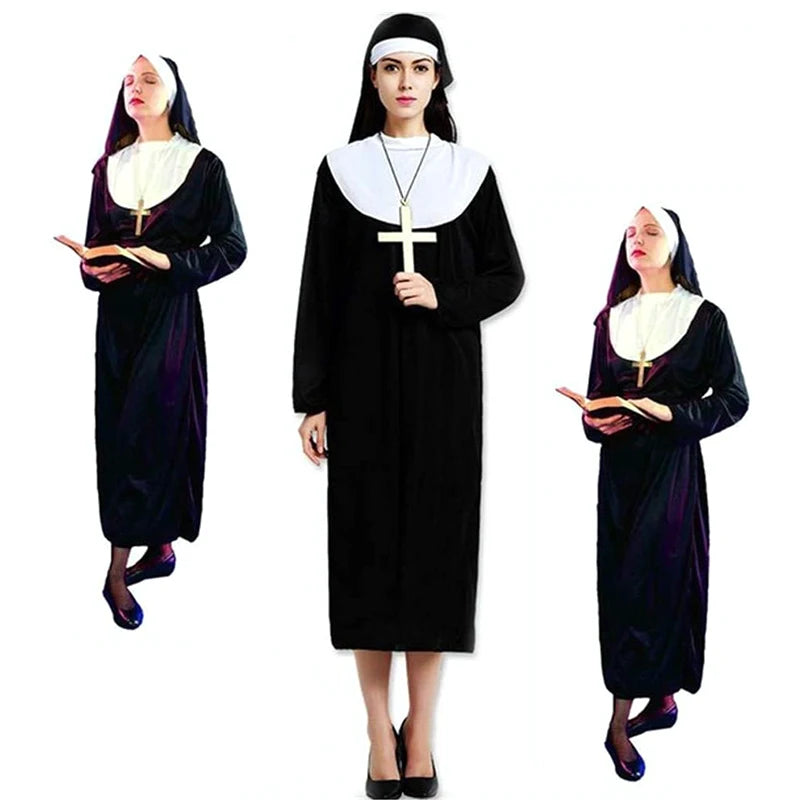 Missionary Cosplay Costumes For Adult Halloween Carnival Priest Nun Long Robes Religious Pious Catholic Church Vintage Medieval