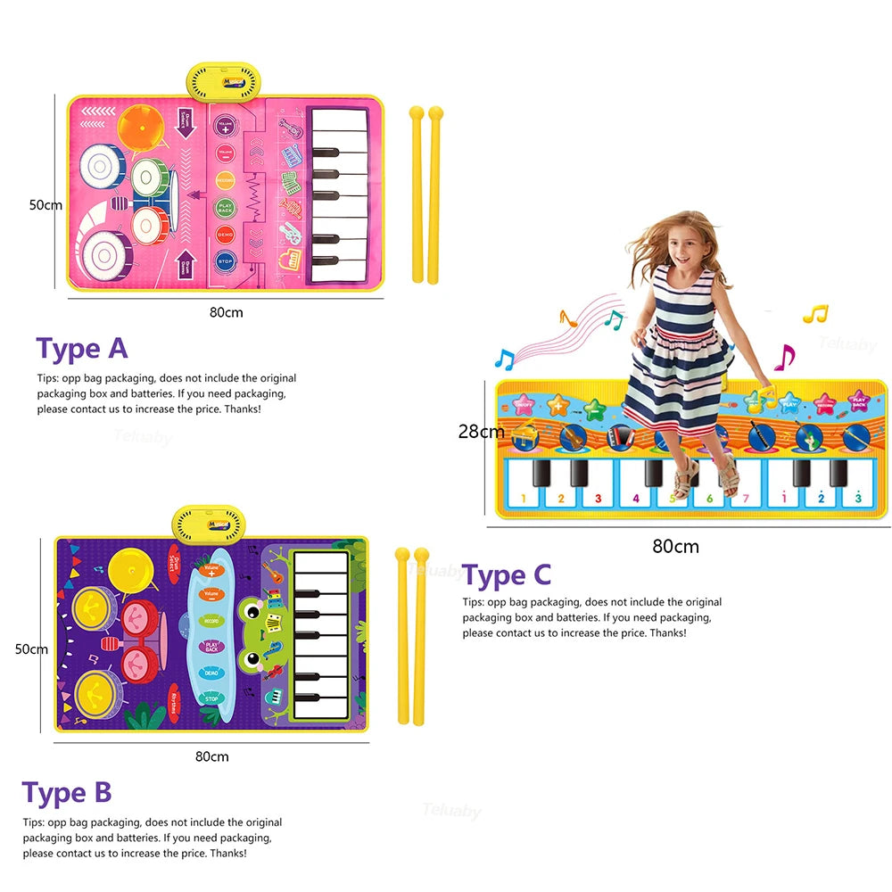 2 In 1 Piano Mat for Kids Toddler Piano & Drum Mat  with 2 Sticks Music Touch Play Carpet Music Instrument Education Toys Gift