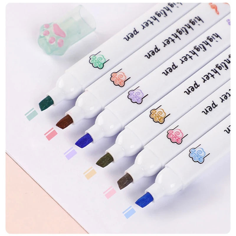 6 Pieces Set Kawaii Cat Paw Highlighter 6 Colors Slanted Tip Markers Liquid Ink for Student School Stationery Office Supplies