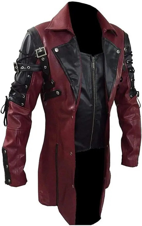 New Steampunk Men's Gothic Trench Coat Leather Jacket Punk Style Biker Jacke Autumn Winter Motocycle Jacket