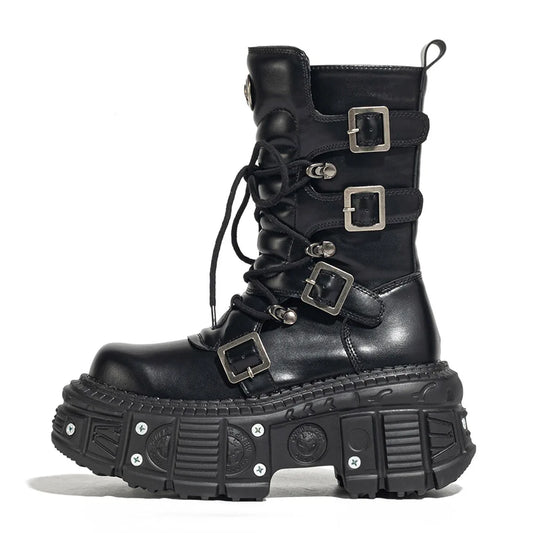 2024 New Punk Style Women Shoes Lace-up Platform Shoes Woman Rock Boots Metal Decor Thick Bottom Street Shot Knight