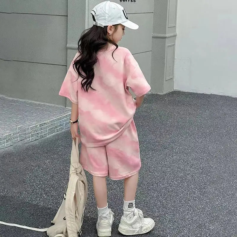 Girls Summer Korean Style Fashion 2pcs T-shirts+Pants Suits 5-15 Years Teenage Kids Sports Streetwear Sets Children Clothes