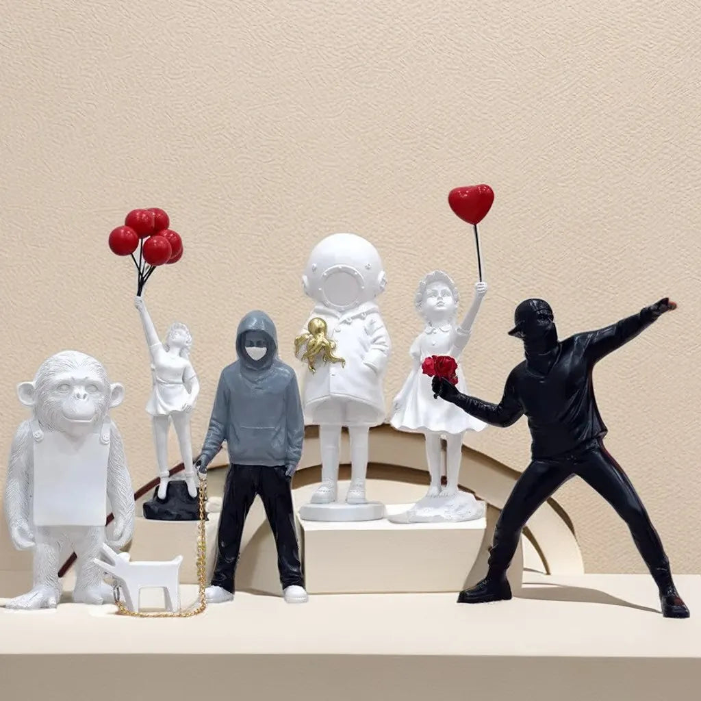 Banksy Sculpture Collection Flower Thrower Statue Pop Art Modern Balloon Girl Figurine Office Home Decoration Accessories Street