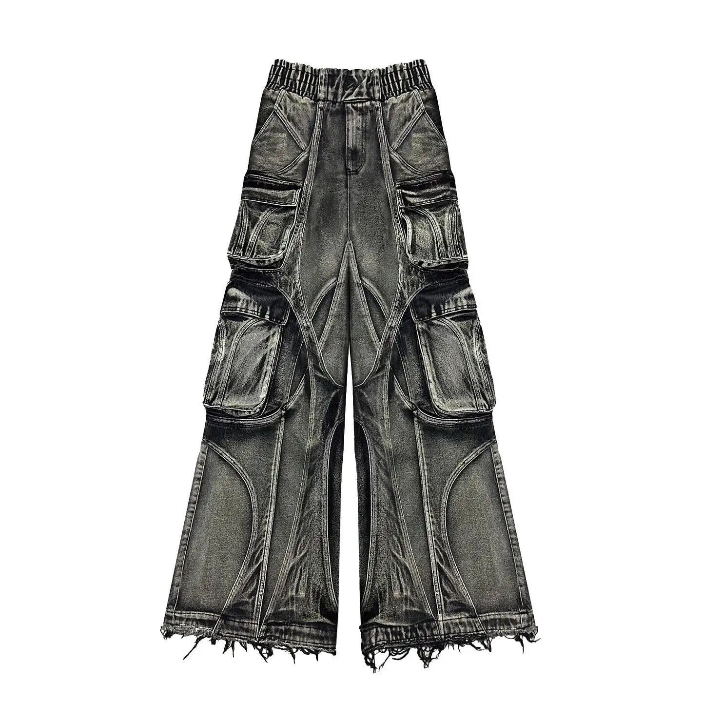 Streetwear New Fashion Old Washing Heavy Industry Big Pocket Black Baggy Jeans Men Y2K Rock Hiphop Dark Casual Wide-leg Trousers