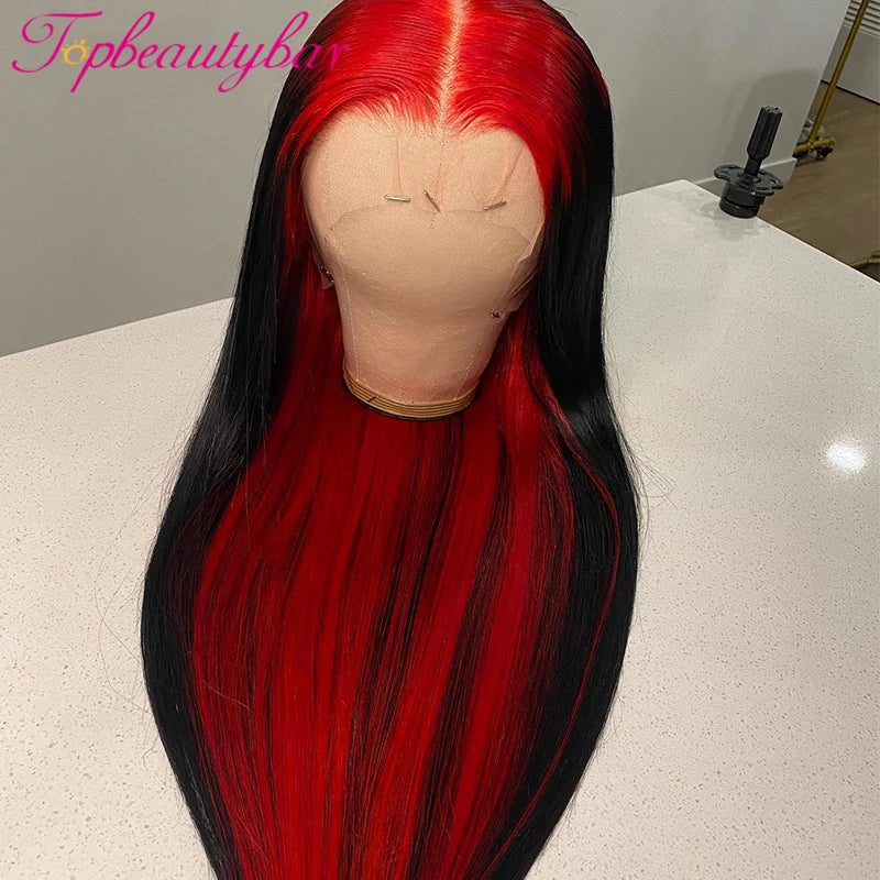 Red Ombre Highlight Colored Straight Lace Front Human Hair Wigs 180% Red Black 13X4 Lace Front Wig Remy Brazilian Lace Wigs