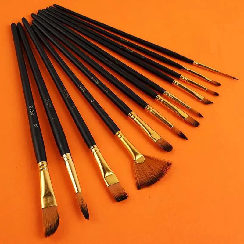 Multi-functional Watercolor Gouache 12 Pcs Short Wood Rod Oil Painting Brush Set Art Tool Beginner Nylon Hair Acrylic Materials