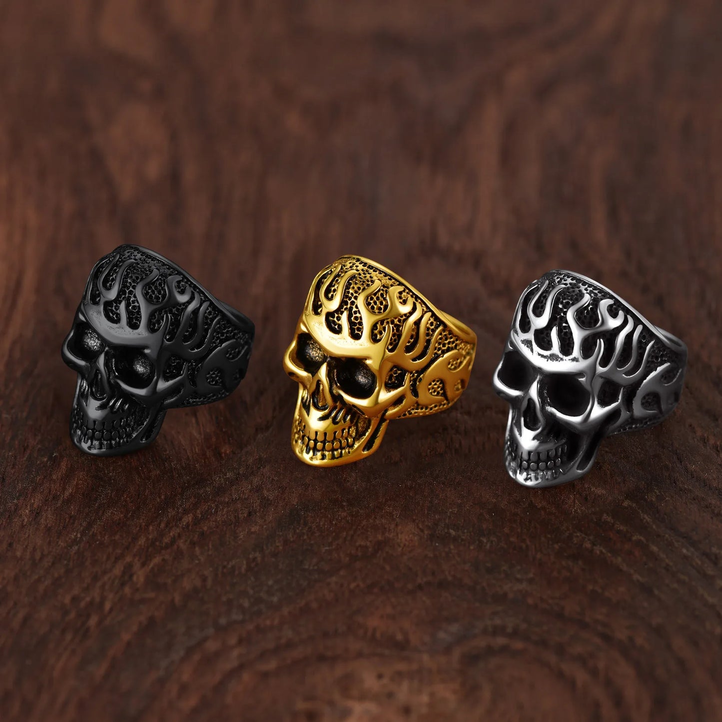 ChainsPro Retro Style Stainless Steel 3D Embossed Fire Flame Head Skeleton Skull Rings for Man Sizes 7-14 Gothic Punk Jewelry