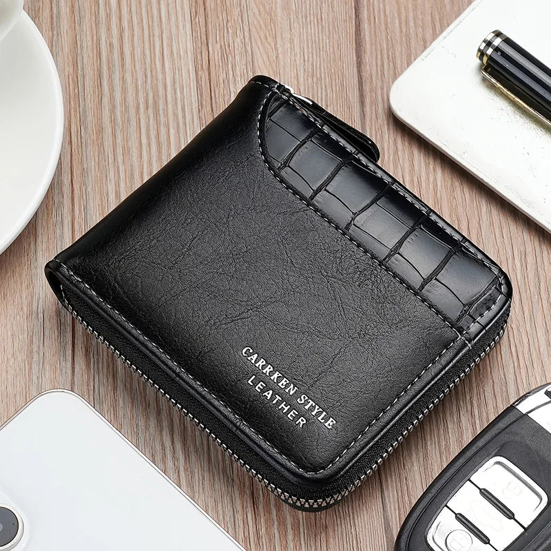 New Men Zipper Wallets Short Card Holder Male Purse Coin Pocket Photo Holder Stone Pattern Men's Wallet