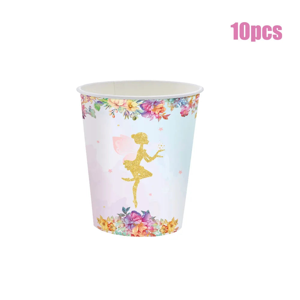 Happy Birthday Flower Fairy Girl Baby Shower Party Paper Plate Cup Cisposable Tableware Children Party Decoration Supplies Serie