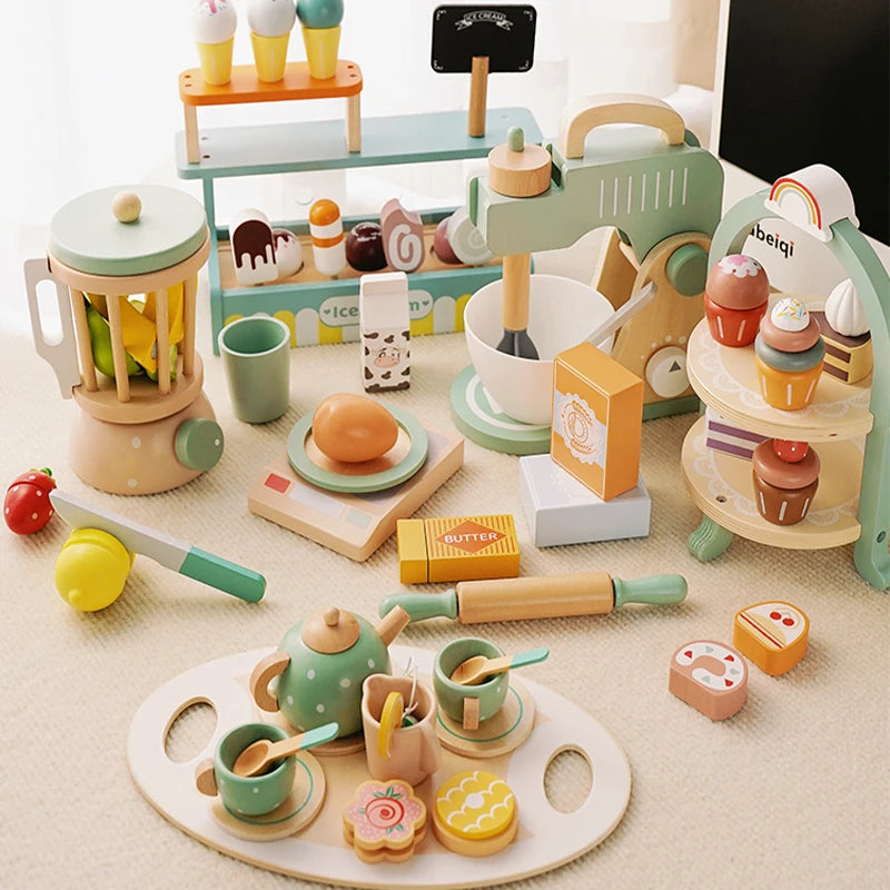 Wooden Pretend Play Kitchen Toys Coffee Machine Tea Set Toy Cake Ice Cream Play Set Learning Toys for Girls Boys Children Gifts