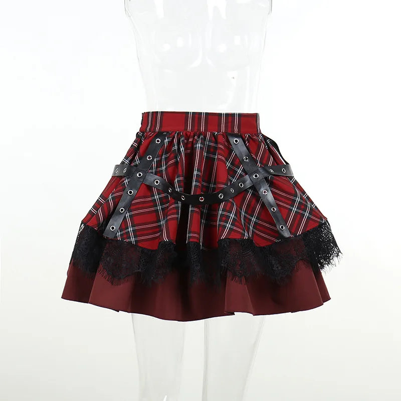 Gothic Harajuku Girls Plaid Pleated Skirt Punk Sweet Lace Kawaii Clothing Y2k Lolita Cake Mini Skirts Cosplay Costume