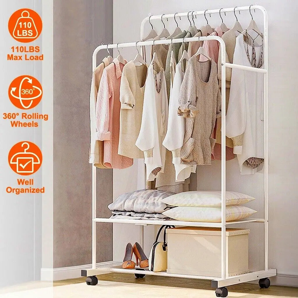 Heavy Duty Rolling Garment Rack Cloth Hanger Stand Metal Storage Shoes Organizer