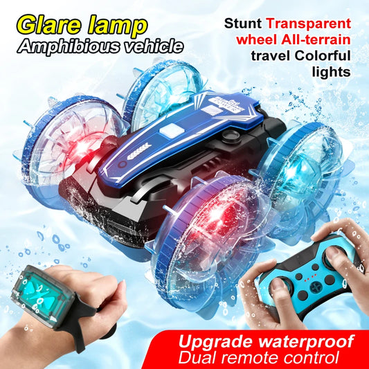 New LED Amphibious RC car Dual remote control waterproof stunt car double side flip drift drive 360 ° rotation rc cars Kids toy