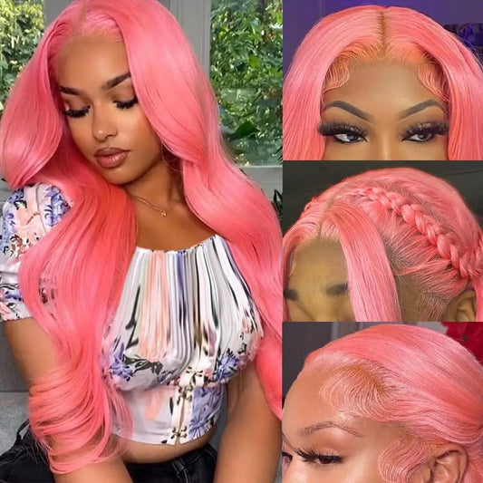 Pink Human Hair Wig Pre Plucked 30 32 Inch 13x4 HD Transparent Lace Front Wigs Human Hair  for Women 180% Density