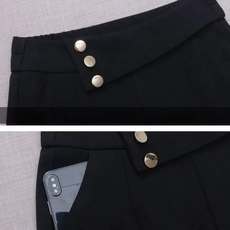 Pencil Trousers Spring Autumn Solid Color Button Elastic High Waisted Pockets Casual Women's Clothing Korean Fashion Pants