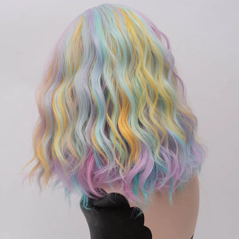 Short Cosplay Synthetic Wigs For Women Rainbow Highlights Color Wavy Wigs Side Central Hairline Cos Rose Net Ombre Hair