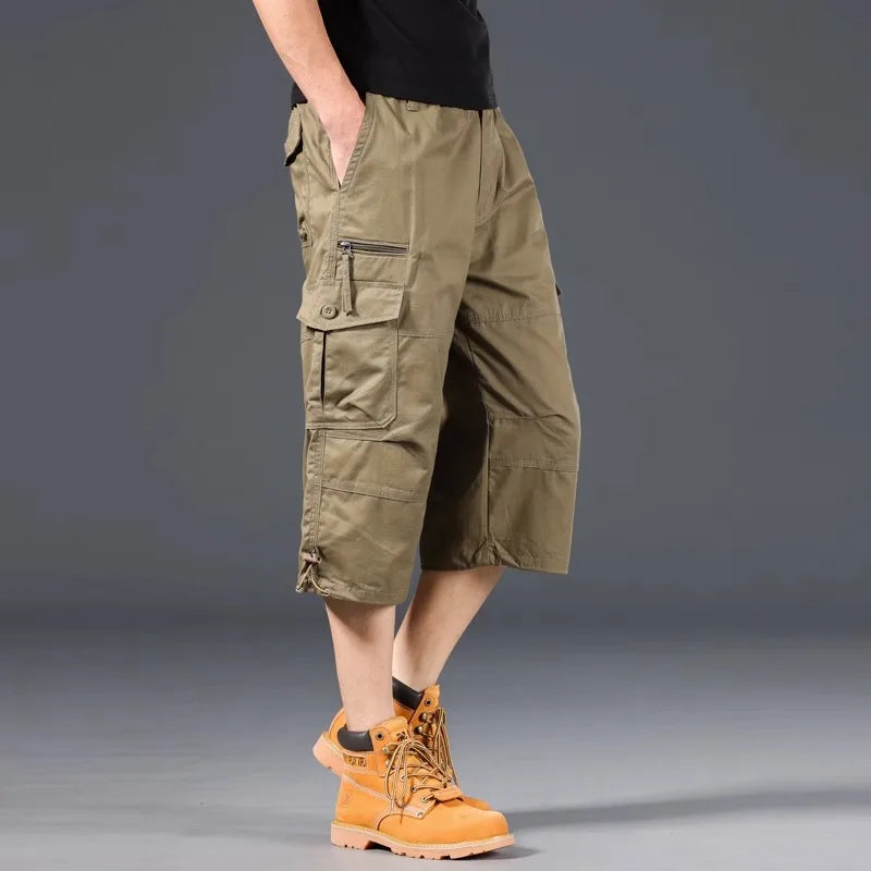 Summer Men's Cargo Shorts Loose Casual Below Knee Pants Elastic Waist Plus Size Outdoor Jogging Tactical Military Capri Pants