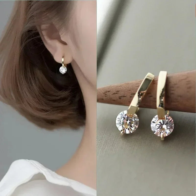 2024 New Fashion Gold Color Round Zircon Simple Drop Dangle Earrings for Women Charm Korean Hoop Jewelry Wedding Birthday Gift