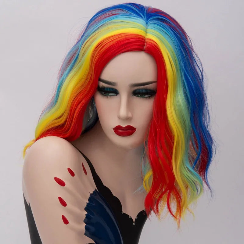 Short Cosplay Synthetic Wigs For Women Rainbow Highlights Color Wavy Wigs Side Central Hairline Cos Rose Net Ombre Hair