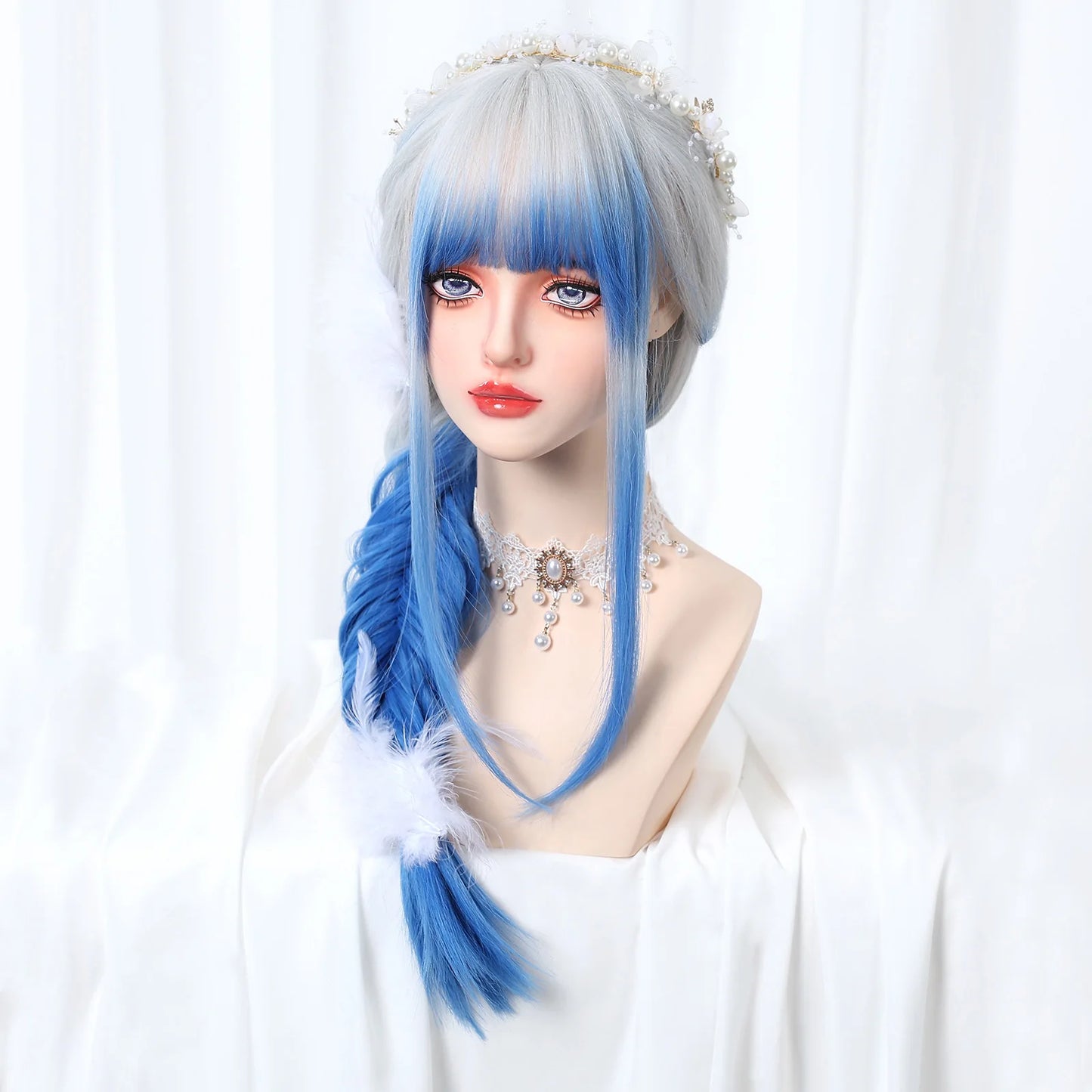 Long Ombre White Blue Synthetic Wigs with Bangs Blue Straight Colorful Cosplay Lolita Wig for Women Heat Resistant Natural Hair