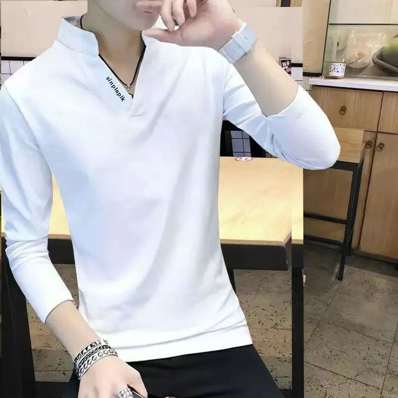 Stylish Printed Solid Color Stand Collar Letter T-Shirt Men's Clothing 2022 Autumn New Casual Pullovers Loose Korean Tee Shirt