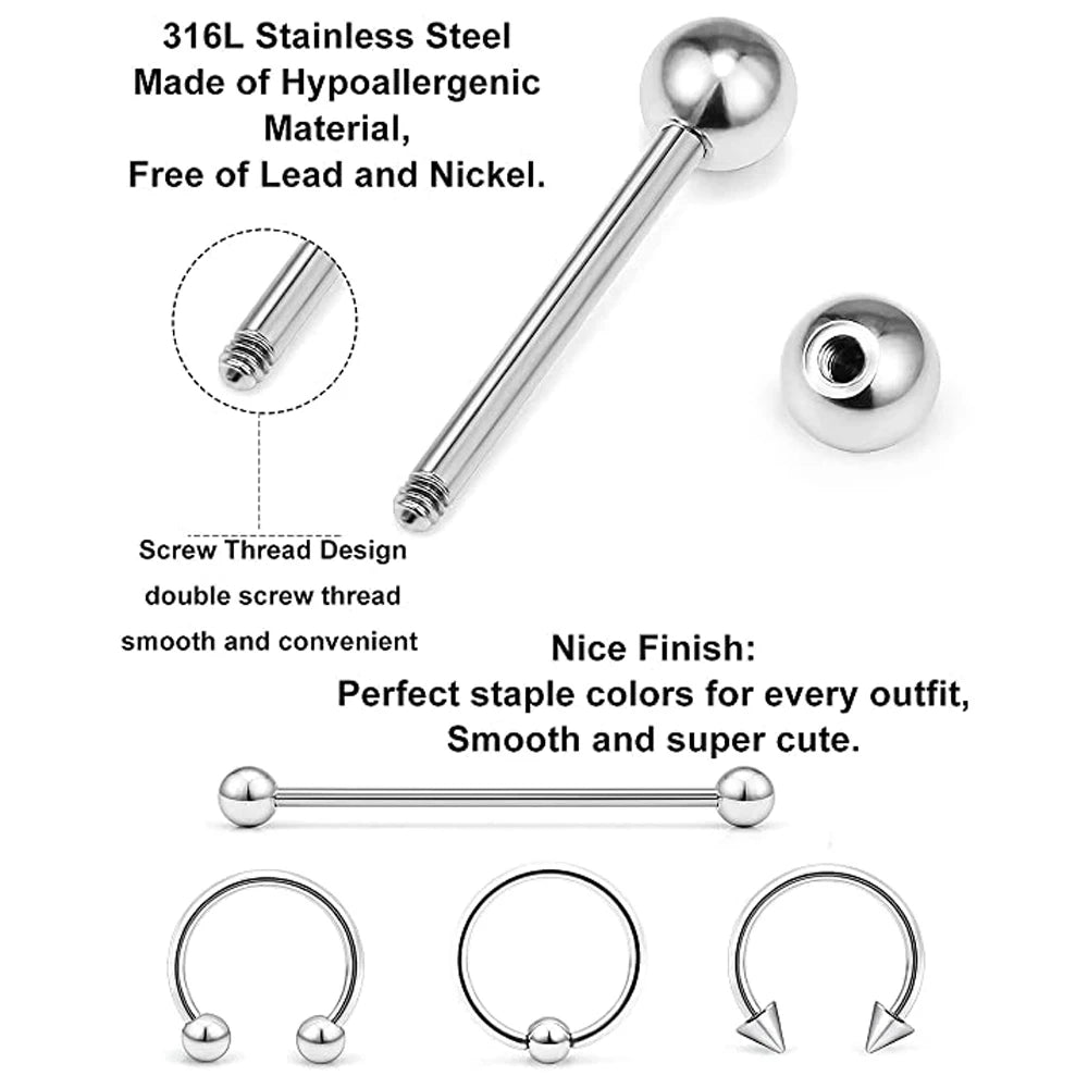 WKOUD Piercing Kit Stainless Steel Eyebrow Rings Horseshoe Rin Industrial Piercing Jewelry Women Men 14G 16G Piercing Needles