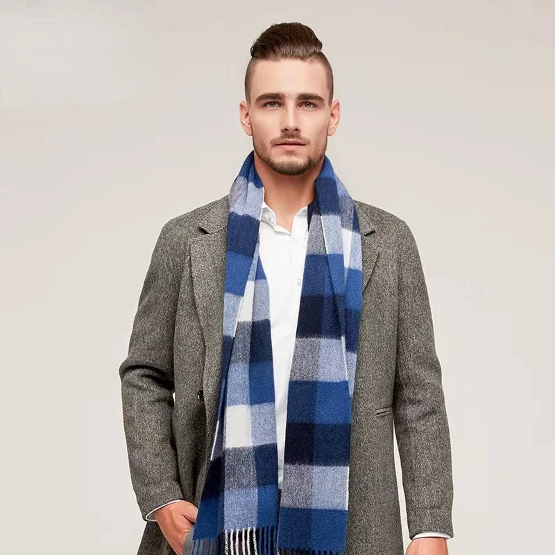 High Quality 100% Wool Scarf Men Thick Plaid Soft Warm Women Wraps Classic Business Muffler Winter Popular Tassel Shawl Male