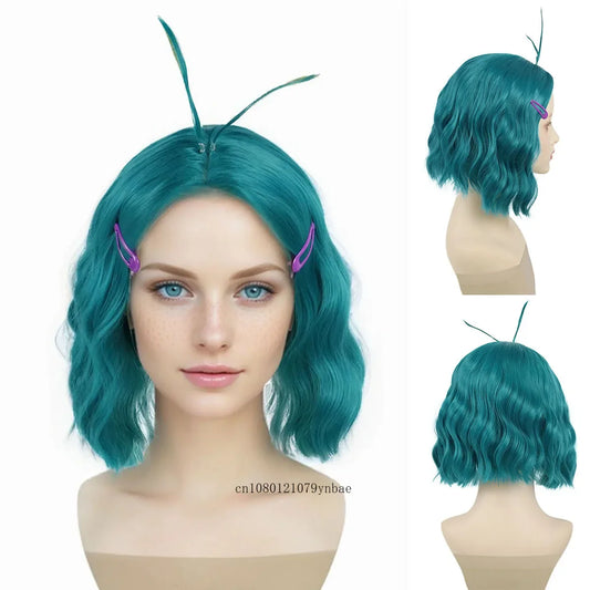 Short Wavy Blue Green Synthetic Cute Wig with 2 Hairpins for Women Girl Envy Costume Cosplay Wigs Halloween Party Heat Resistant