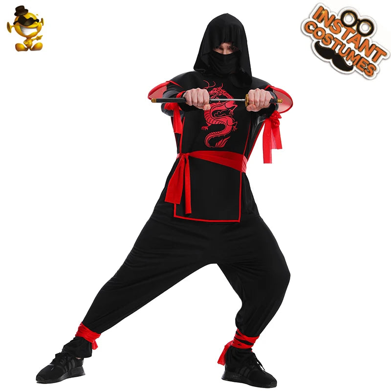 Adult Ninja Costume Halloween Party Muscle  Cosplay Black and Red with Hood Jumpsuit Belt Straps Deggers Fancy Dress Up