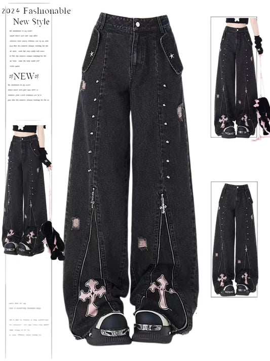 Women Clothing Black Gothic Jeans 90s Aesthetic Y2k Oversize Denim Trousers Vintage Harajuku Korean Emo 2000s Trashy Jean Pants