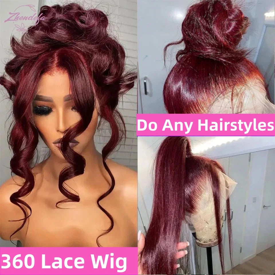 99J Burgundy Lace Front Wigs Human Hair For Women 360 Body Wave Transparent Lace Frontal Wigs Red Colored Wig Pre Plucked 180%