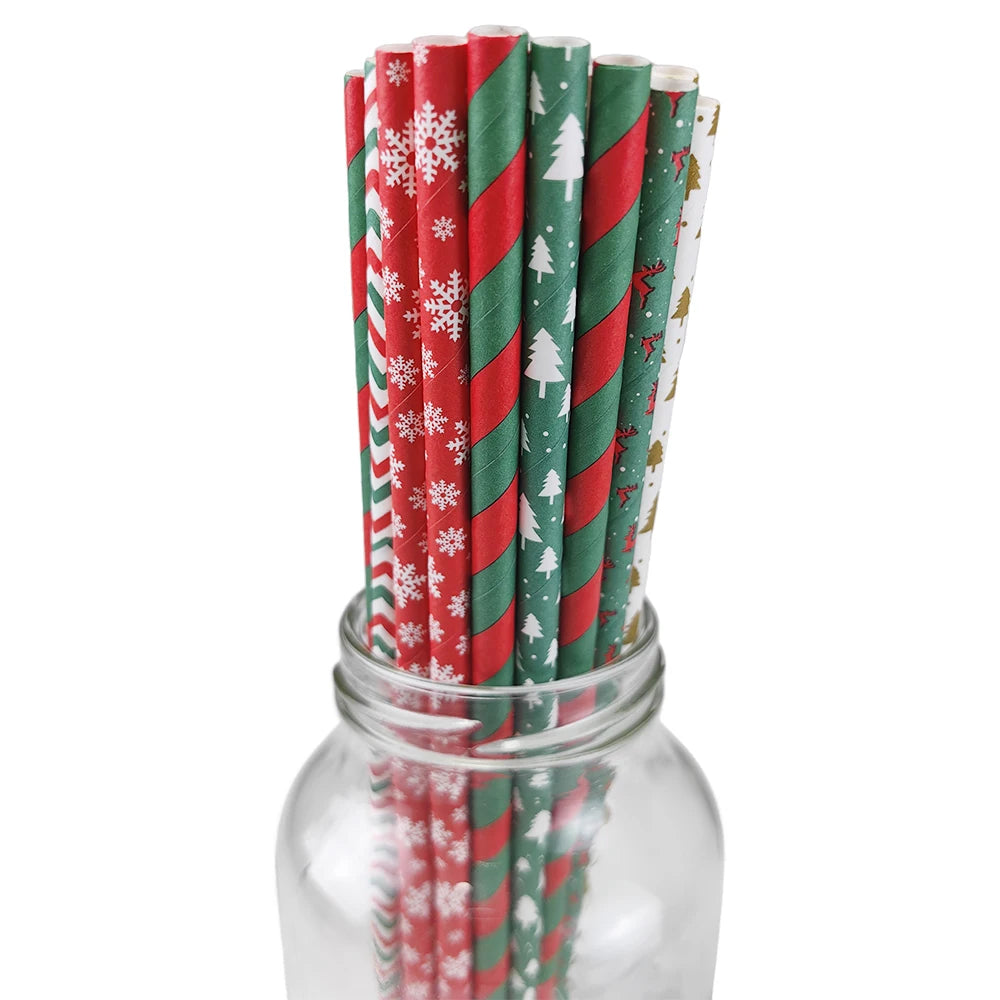 25pcs Biodegradable Christmas Paper Straws Dots Stripes Waves Straws for Beverage Christmas Holiday Birthday Party Decorations