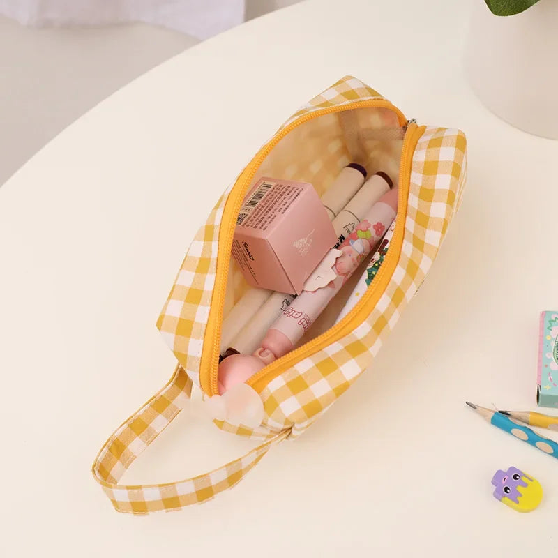 Korean Style Checkerboard Large Capacity Pencil Case Kawaii Rabbit Canvas Pencil Bag School Box Pouch Stationery School Supplies