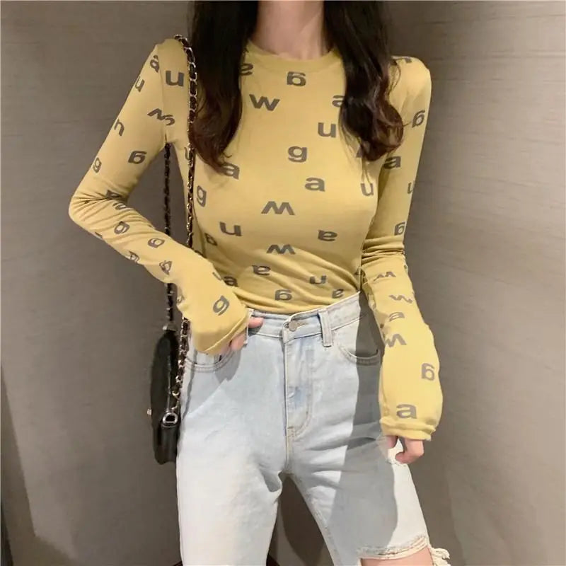 Spring Autumn New Fashion Pure Cotton Printing Letter T-Shirts Women's Clothing Round Neck Long Sleeve Pullovers Korean Thin Top