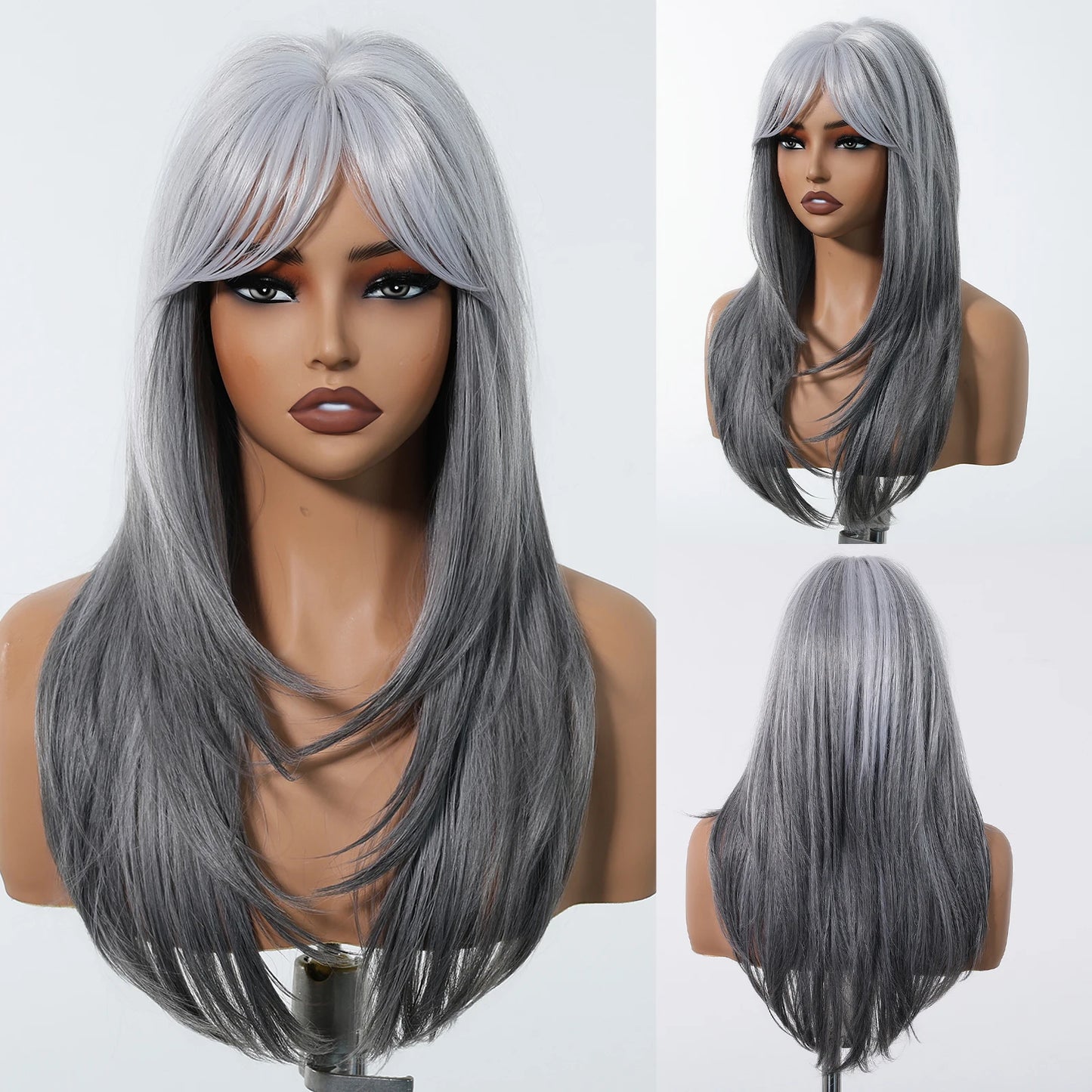 Long Ombre White Blue Synthetic Wigs with Bangs Blue Straight Colorful Cosplay Lolita Wig for Women Heat Resistant Natural Hair