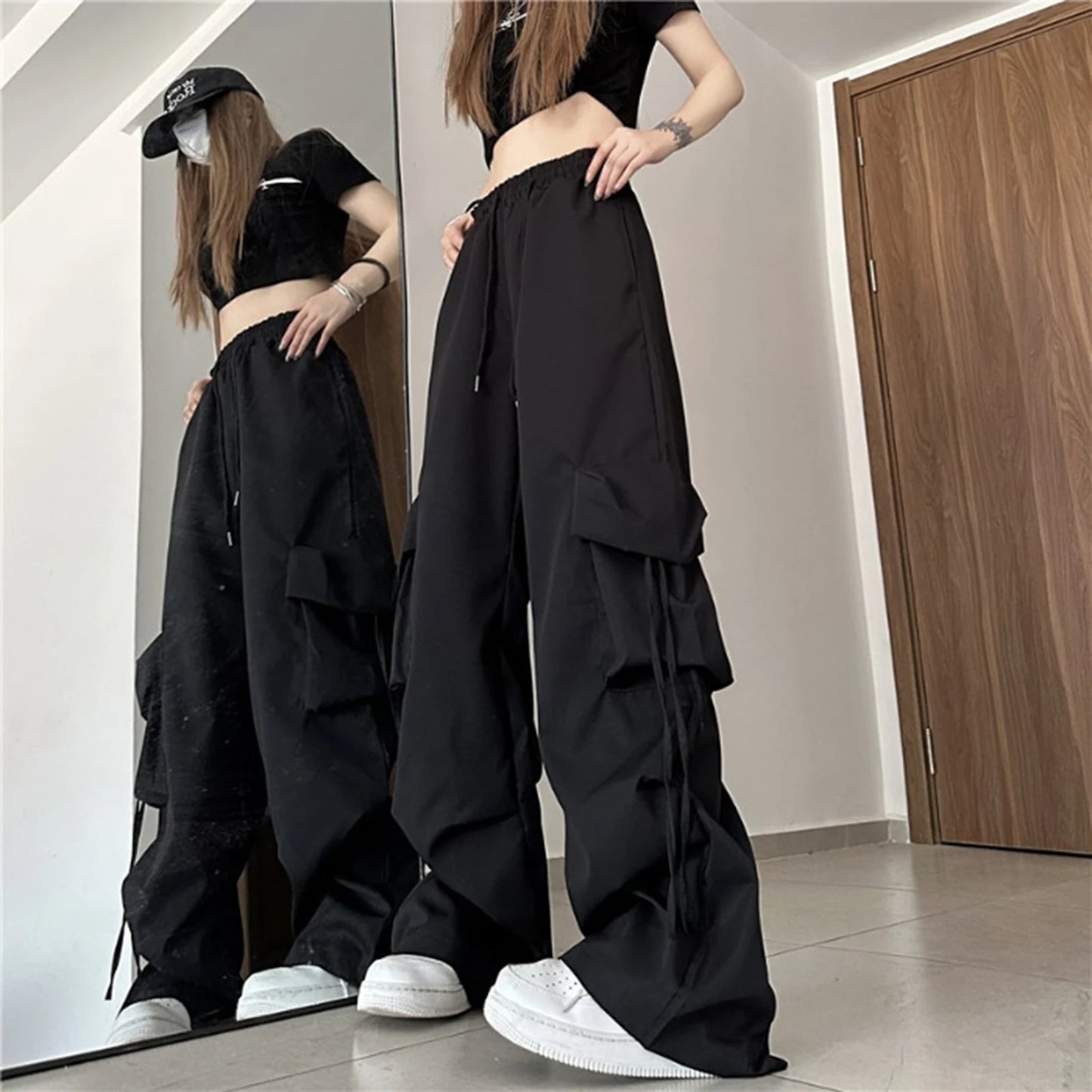 Women's High Waist Cargo Pants with Multiple Pockets Trendy Solid Color Streetwear Y2K Spring Autumn New Loose Wide Leg Trousers