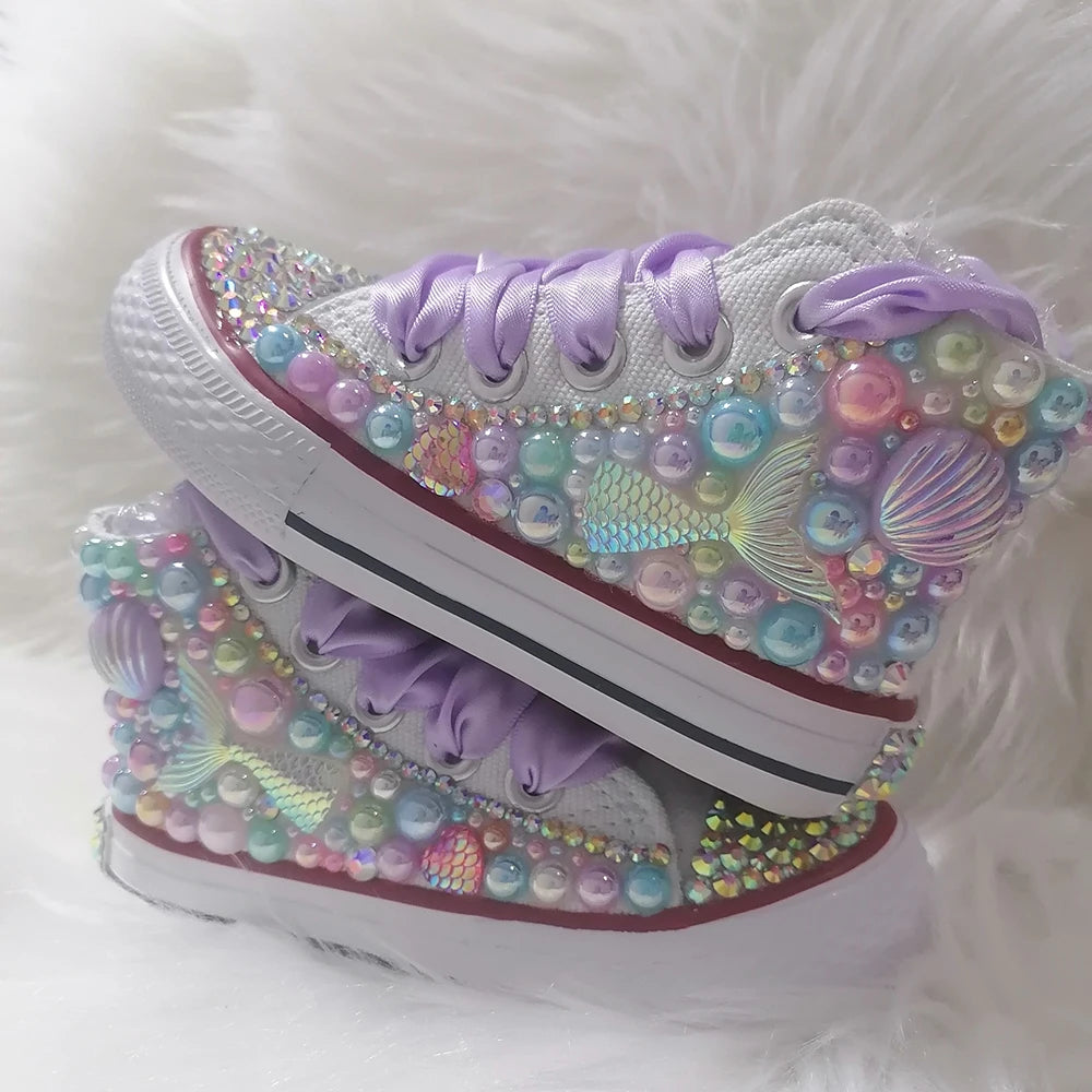 Handmade Rhinestones Bling Girls Womens Kids And Mother Candy Canvas Shoes Pearls Sneakers For Girl Birthday Party Wedding