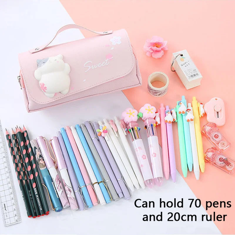 3D Decompression Pencil Case 3 Layers Large Capacity Leather Pencil Box for Girls Pen Bag Pouch Kawaii Stationery School Supplie