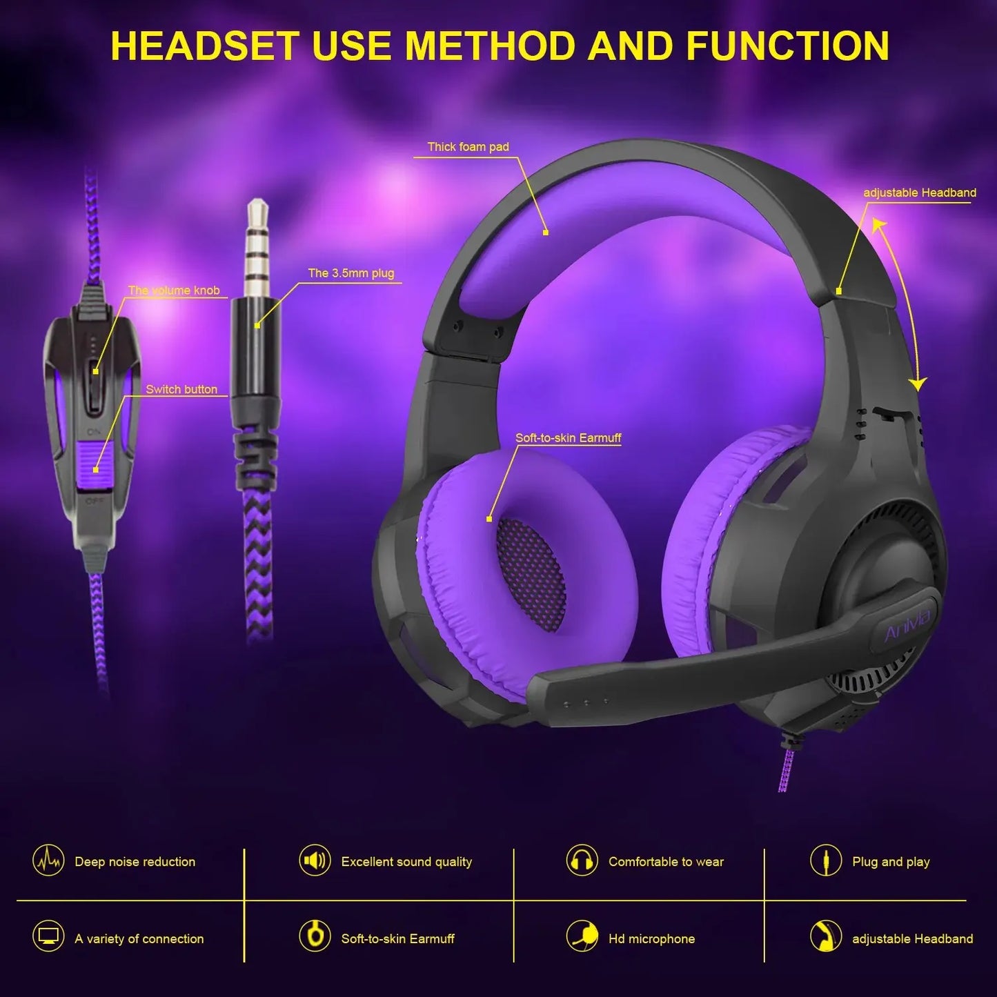 Gaming Overear Headset Headphones with Noise Cancelling Microphone Mic.Volume Control Bass Surround Video Game for PC PS4 PS5