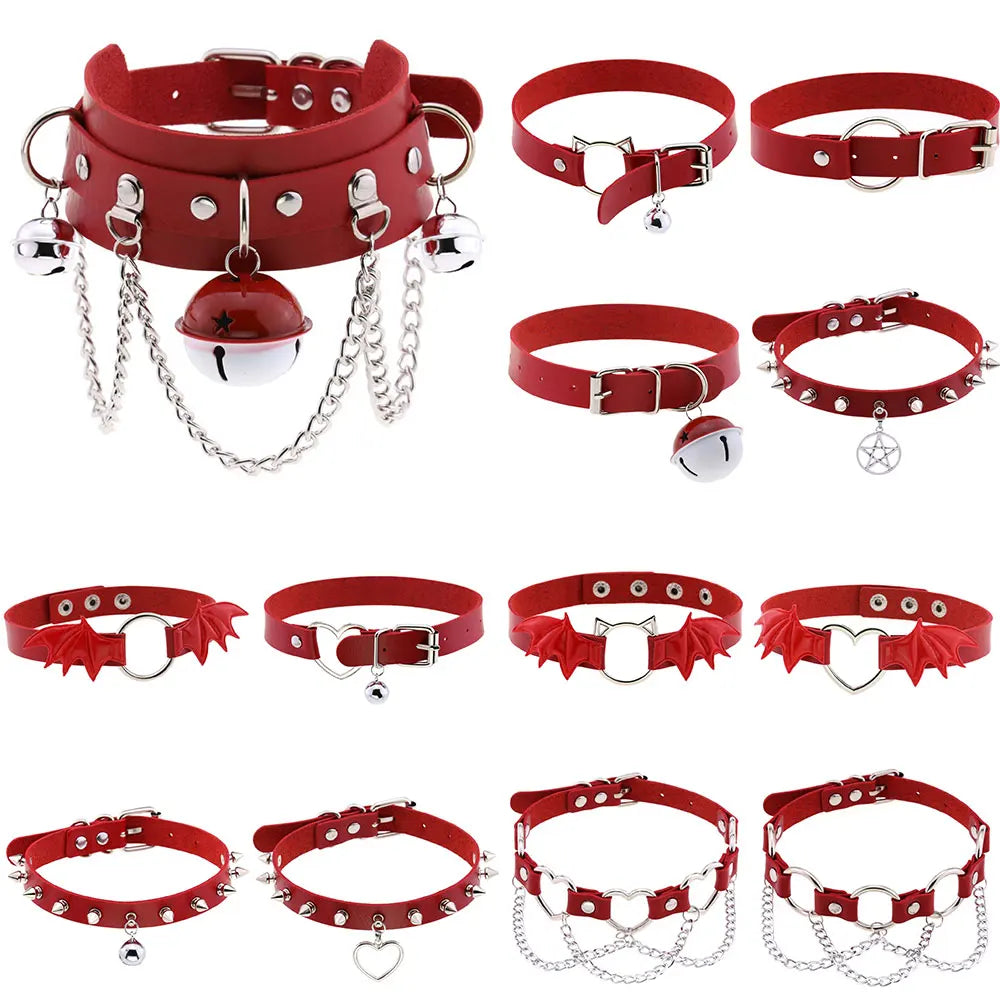 Red Leather Spiked Choker Punk Collar Women Men Bat Heart Chocker Chunky Necklace Goth Jewelry Metal Gothic Emo Accessories