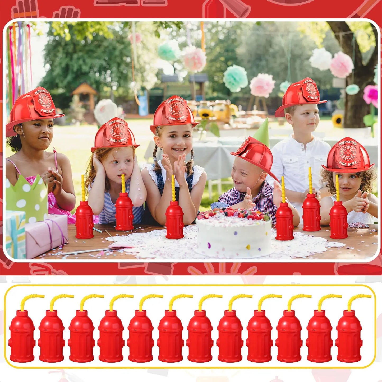 2/4/6/8/10pcs Novelty Fire Hydrant Straw Cups with Lid Suitable Fireman Birthday Party Favors Boys Birthday Party 8oz Water Cups