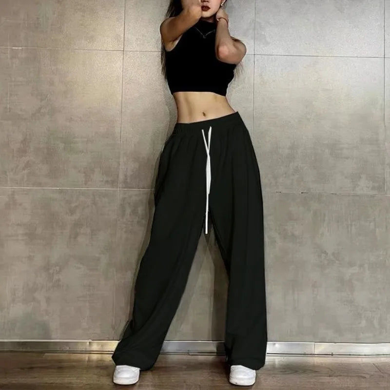 Hip Hop Leggings Sports Women's Spring and Autumn Patchwork High Waisted Drawstring Pockets Solid Color Loose Casual Jazz Pants