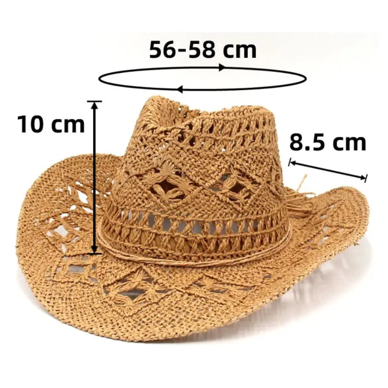 Weave Hollow Straw Cowgirl Hat Women Handmade Fashion Cowboy Panama Hats Summer Sunscreen Hat Western Knight Travel Country Hat