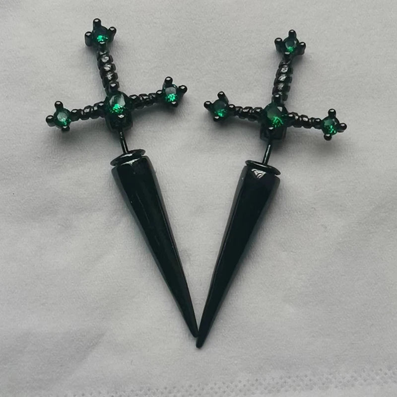 Gothic Kinitial Sword Earrings Vintage Cool Punk Crystal Ear Jacket Goth Dagger Earrings Jewelry Gift For Women