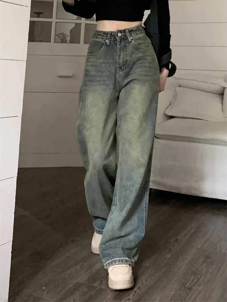 Deeptown Y2k Baggy Wide Leg Jeans Women Vintage Streetwear Washed Denim Pants Grunge Basic Slouchy Blue Trousers Femme Autumn