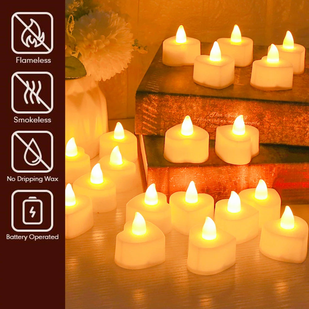 12/24 Flameless Small Led Candle For Wedding Decora Heart-shaped Electronic Tealight Candles Battery-Power Home Christmas Party