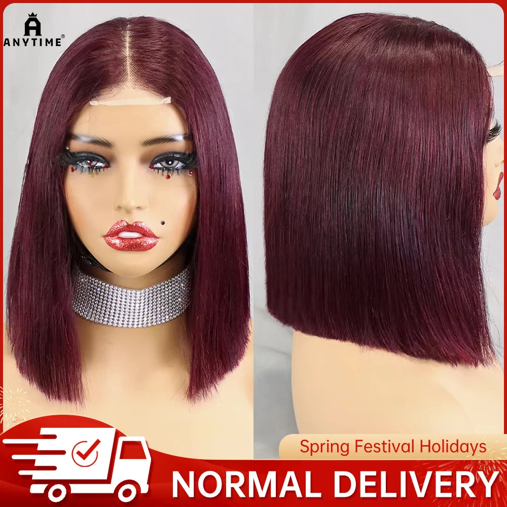 Double Drawn 12A Hair 350% Density Straight Bob Human Hair Wig Glueless 99J Bug 2x6 HD Lace Closure Frontal Wigs for Women