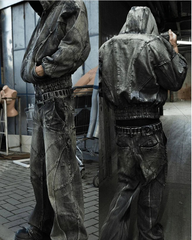 Y2k Streetwear Punk Hip Hop Jeans West Coast Workwear Ripped Rap Style Loose Wash Plus Size Clothing Men Mopping Pants