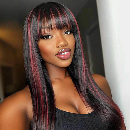 Lekker 24" Long Highlight Burg Red Bone Straight Human Hair Wigs With Bangs For Women Brazilian Remy Hair Full Machine Made Wigs