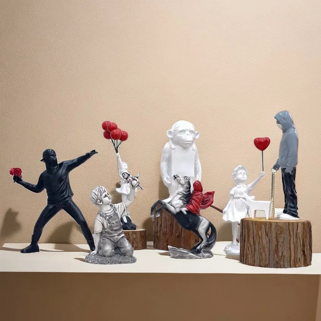 Banksy Sculpture Collection Flower Thrower Statue Pop Art Modern Balloon Girl Figurine Office Home Decoration Accessories Street